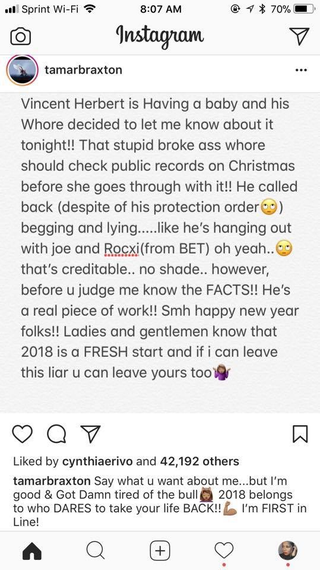 Illustration for article titled Tamar Braxton Says ‘Broke Whore’ Is Carrying Vincent Herbert’s Baby